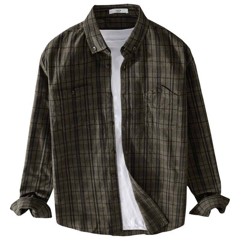 Herren Kariertes Flanell-Overshirt mit Button-Down-Kragen und aufgesetzten Brusttaschen Drune