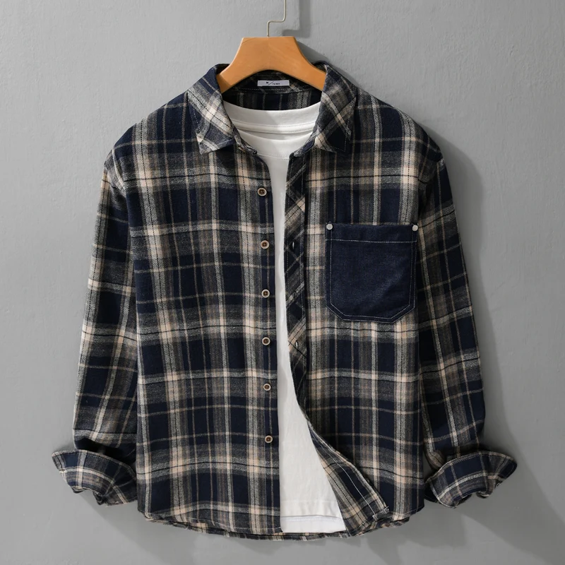 Herren kariertes Flanell-Overshirt im Relaxed-Fit mit kontrastierter Brusttasche Drune