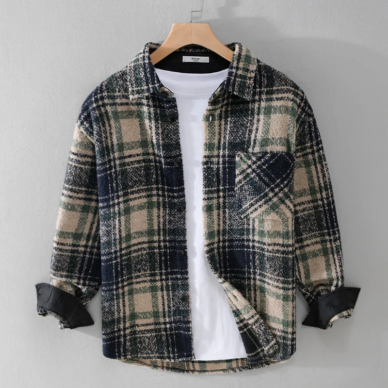 Herren Karierter Overshirt aus Teddyfleece mit aufgesetzter Brusttasche und verdeckter Knopfleiste Drune