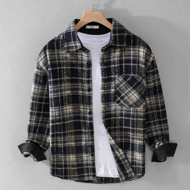 Herren Karierter Overshirt aus Teddyfleece mit aufgesetzter Brusttasche und verdeckter Knopfleiste Drune