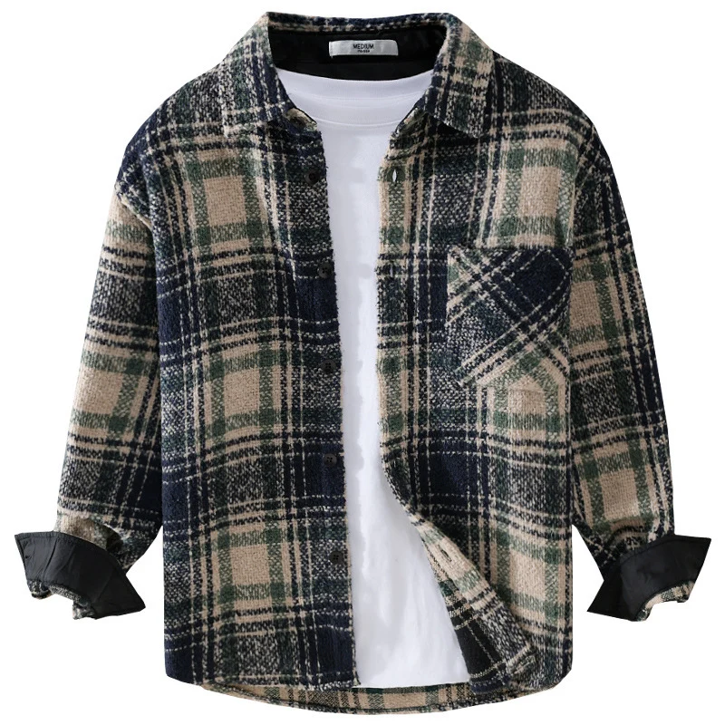 Herren Karierter Overshirt aus Teddyfleece mit aufgesetzter Brusttasche und verdeckter Knopfleiste Drune