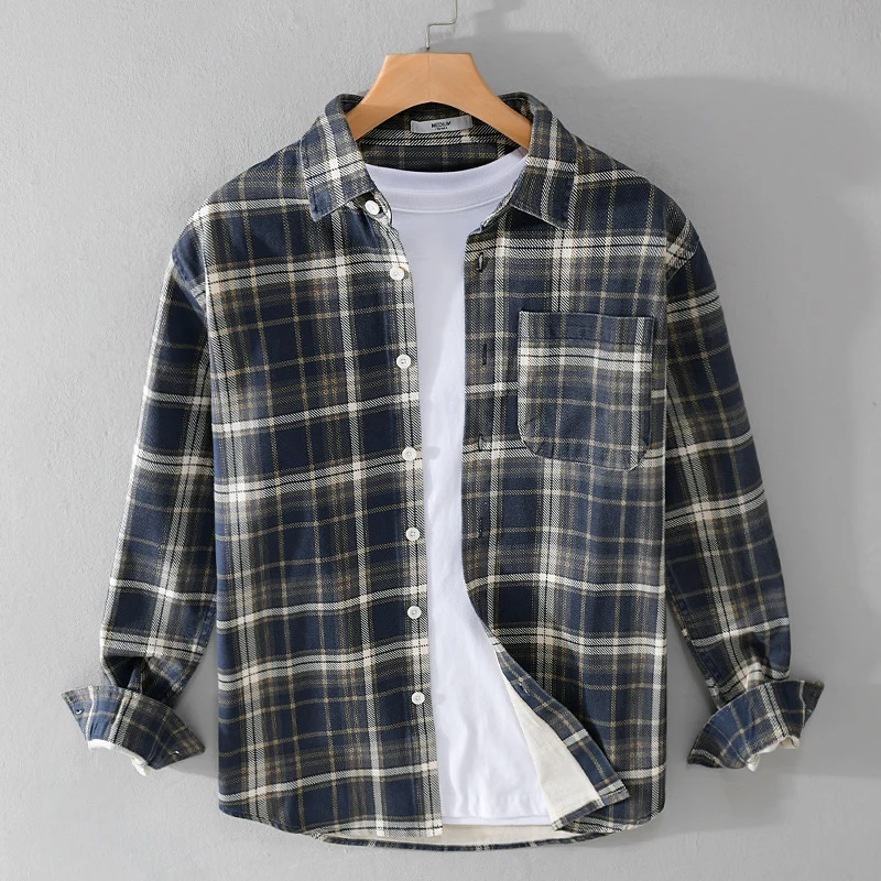Herren Karierter Flanell-Overshirt im Vintage‑Look mit aufgesetzter Brusttasche und gerundetem Saum Drune