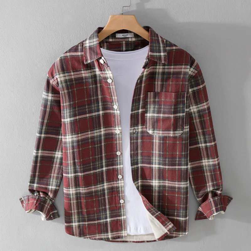 Herren Karierter Flanell-Overshirt im Vintage‑Look mit aufgesetzter Brusttasche und gerundetem Saum Drune