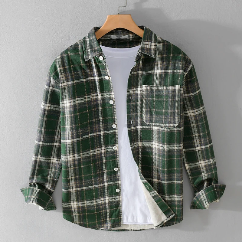 Herren Karierter Flanell-Overshirt im Vintage‑Look mit aufgesetzter Brusttasche und gerundetem Saum Drune
