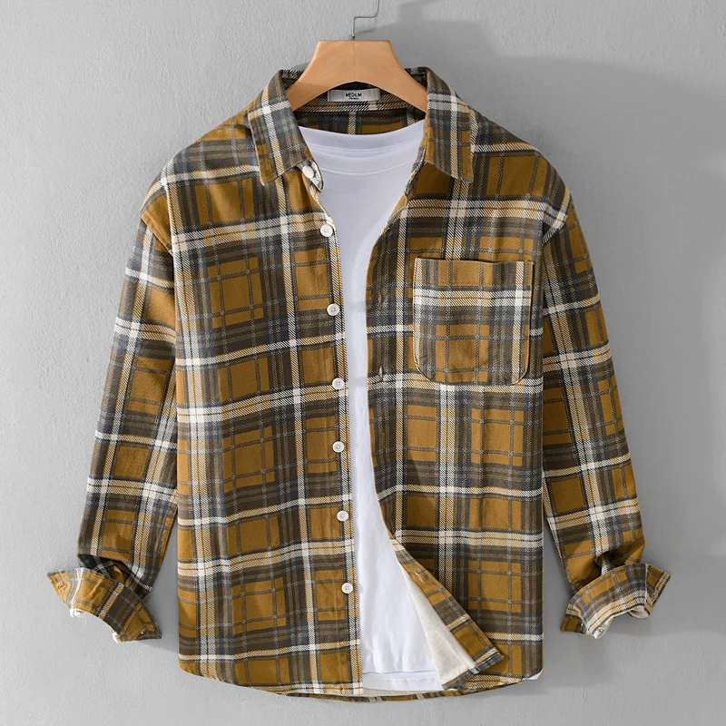 Herren Karierter Flanell-Overshirt im Vintage‑Look mit aufgesetzter Brusttasche und gerundetem Saum Drune