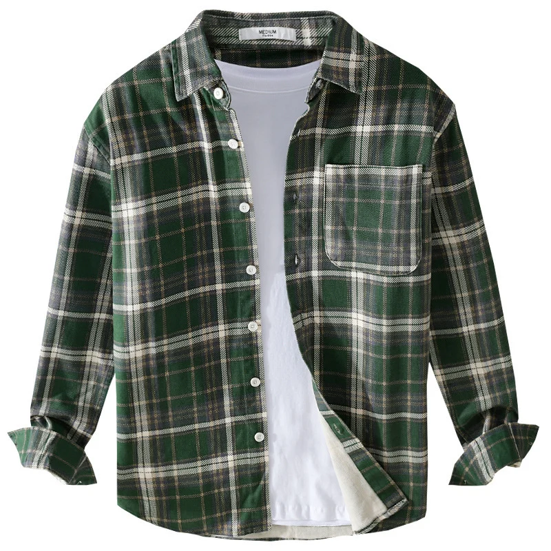 Herren Karierter Flanell-Overshirt im Vintage‑Look mit aufgesetzter Brusttasche und gerundetem Saum Drune