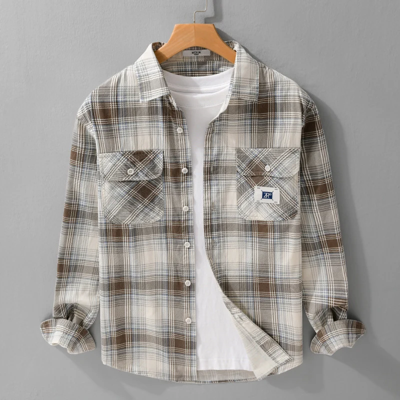 Herren Karierter Baumwoll-Überhemd im Casual-Layering‑Stil mit Pattentaschen Drune