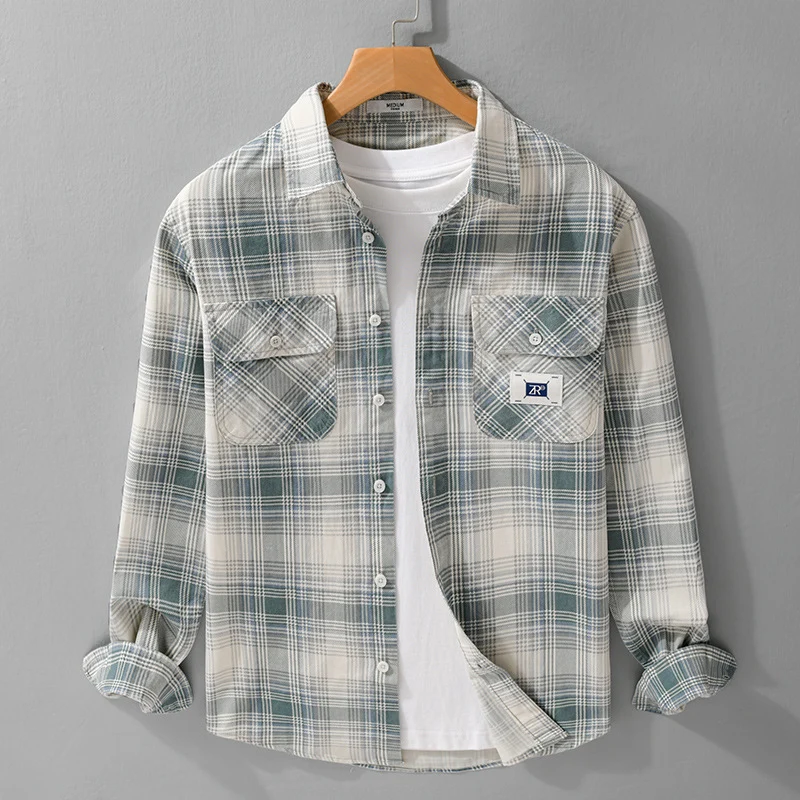 Herren Karierter Baumwoll-Überhemd im Casual-Layering‑Stil mit Pattentaschen Drune