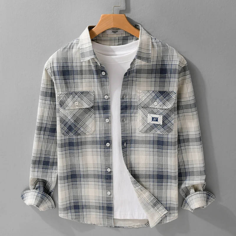 Herren Karierter Baumwoll-Überhemd im Casual-Layering‑Stil mit Pattentaschen Drune