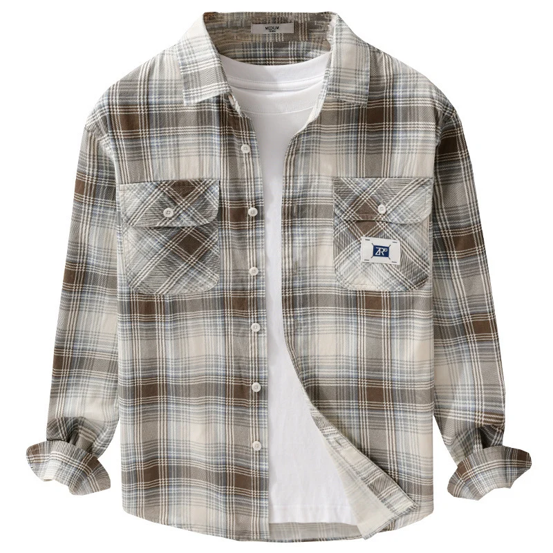 Herren Karierter Baumwoll-Überhemd im Casual-Layering‑Stil mit Pattentaschen Drune