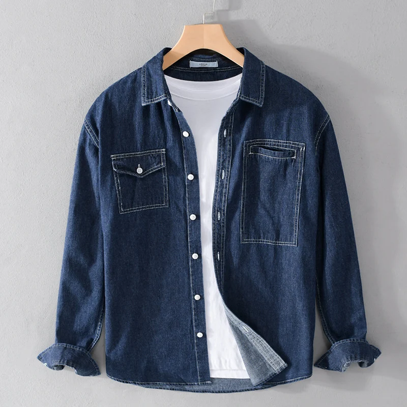 Herren Jeans-Overshirt im Worker-Stil mit doppelten Brusttaschen und kontrastierenden Ziernähten Drune