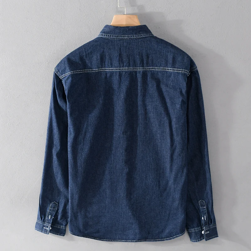 Herren Jeans-Overshirt im Worker-Stil mit doppelten Brusttaschen und kontrastierenden Ziernähten Drune