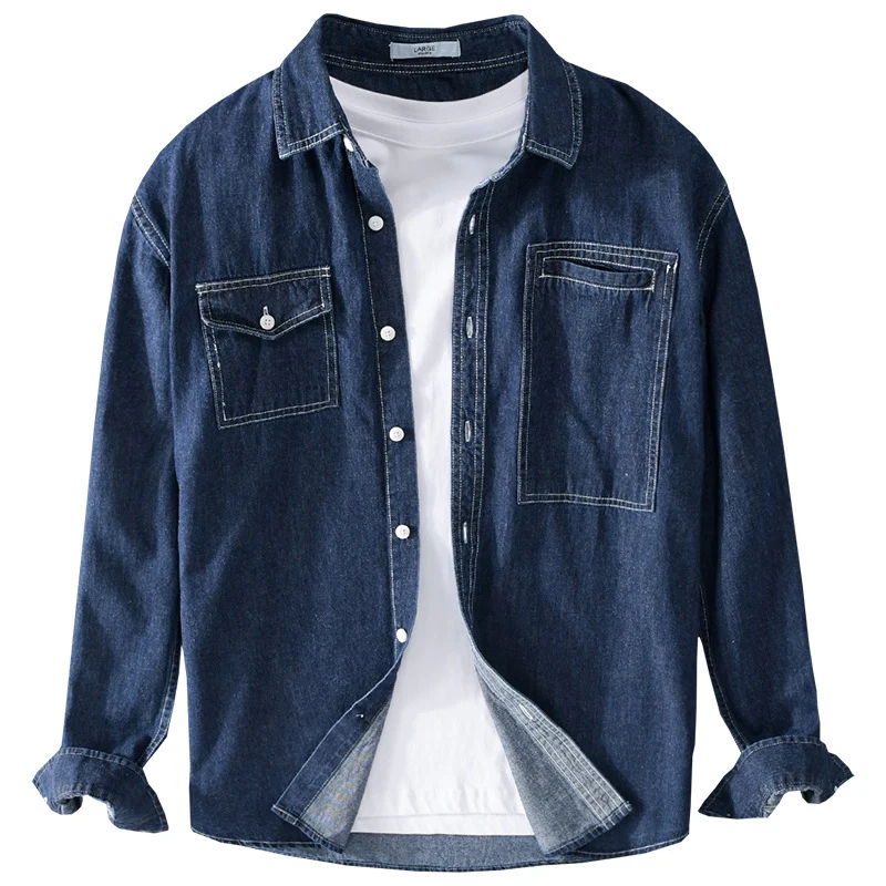 Herren Jeans-Overshirt im Worker-Stil mit doppelten Brusttaschen und kontrastierenden Ziernähten Drune