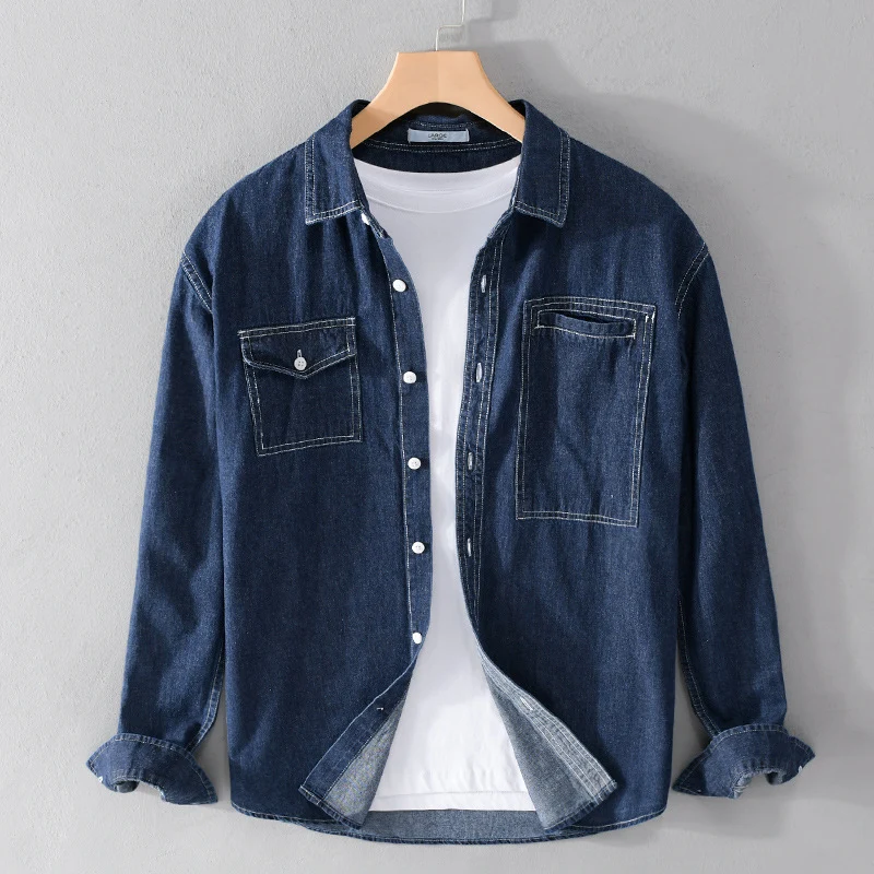 Herren Jeans-Overshirt im Worker-Stil mit doppelten Brusttaschen und kontrastierenden Ziernähten Drune