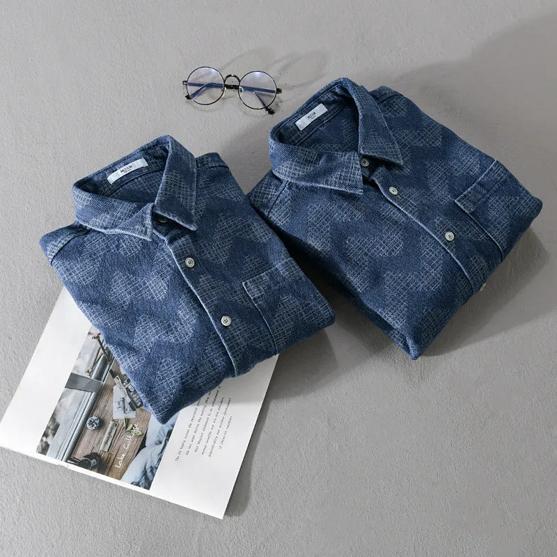 Herren Indigo-Struktur-Overshirt aus gewaschenem Denim mit Zickzack-Jacquard, Kentkragen und Brusttasche Drune