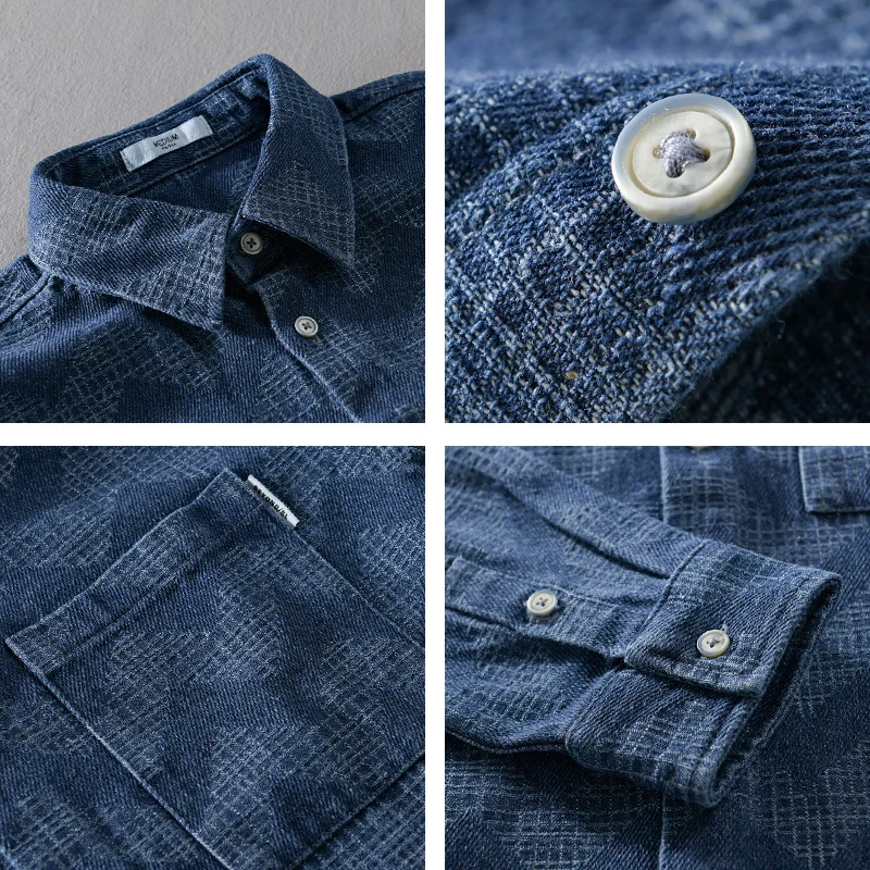 Herren Indigo-Struktur-Overshirt aus gewaschenem Denim mit Zickzack-Jacquard, Kentkragen und Brusttasche Drune