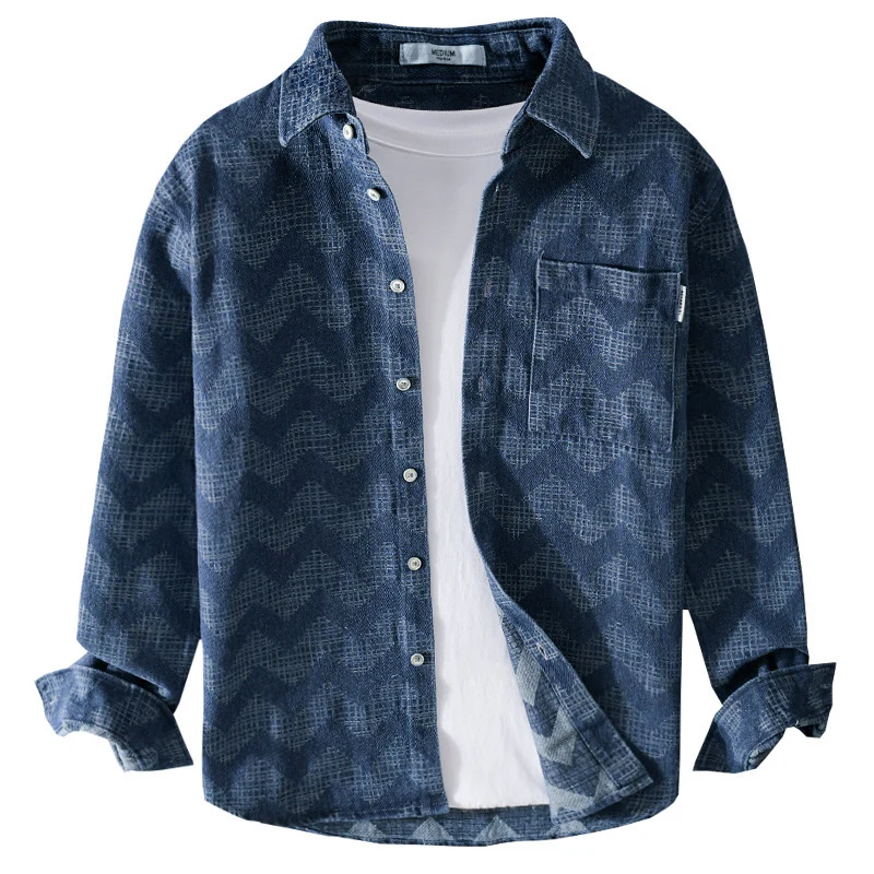 Herren Indigo-Struktur-Overshirt aus gewaschenem Denim mit Zickzack-Jacquard, Kentkragen und Brusttasche Drune