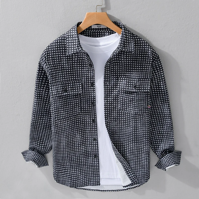 Herren Hemdjacke-Overshirt aus Baumwollmix mit Miniherz-Alloverprint und Brusttaschen Drune