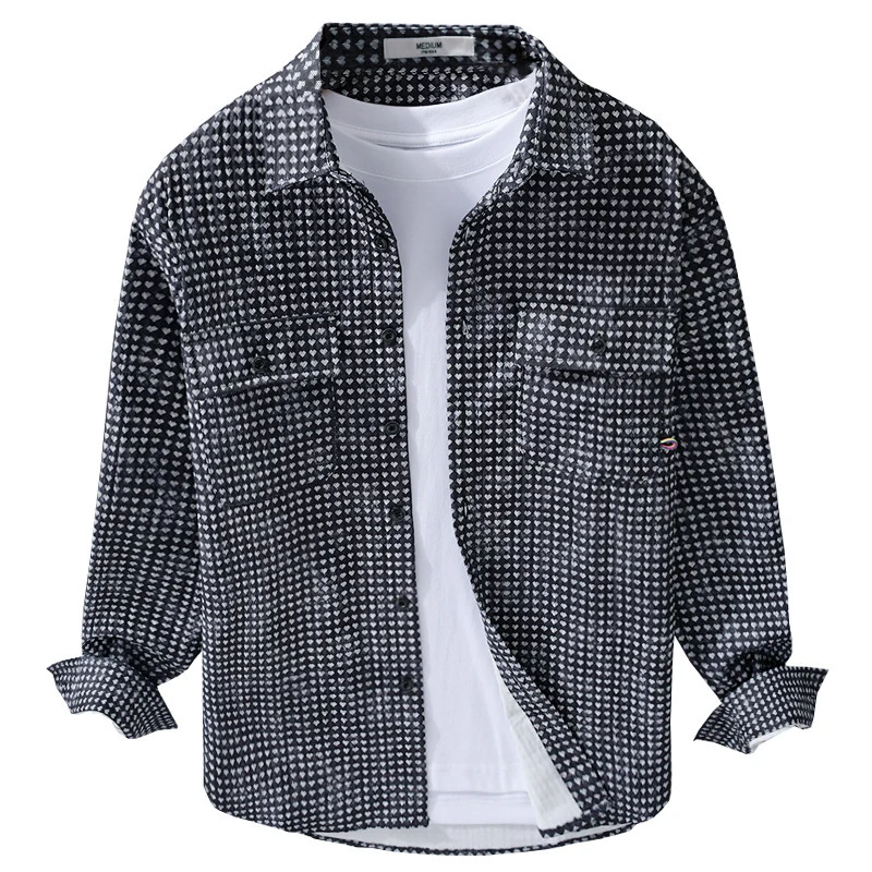 Herren Hemdjacke-Overshirt aus Baumwollmix mit Miniherz-Alloverprint und Brusttaschen Drune