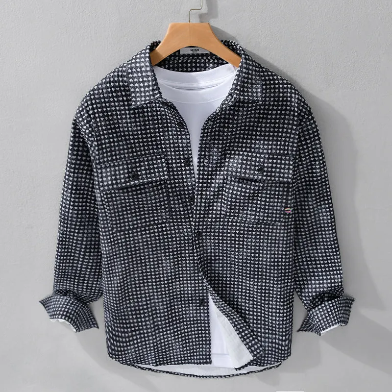 Herren Hemdjacke-Overshirt aus Baumwollmix mit Miniherz-Alloverprint und Brusttaschen Drune