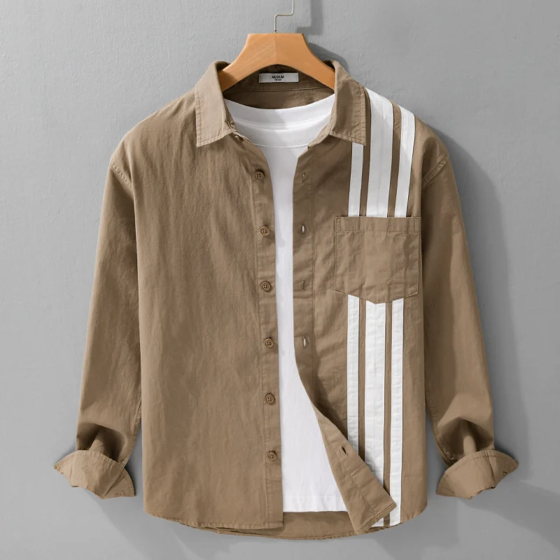 Herren Hemdjacke mit asymmetrischen Streifen und aufgesetzter Brusttasche Drune