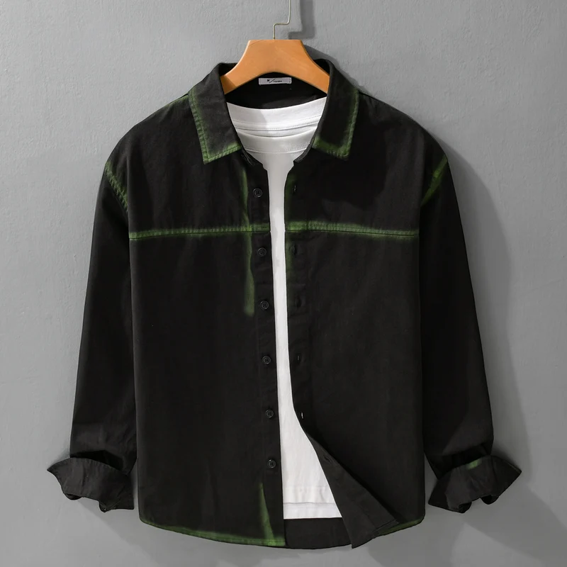Herren Hemdjacke im Oversize-Stil mit verwaschenen Kanten und klassischem Kentkragen Drune