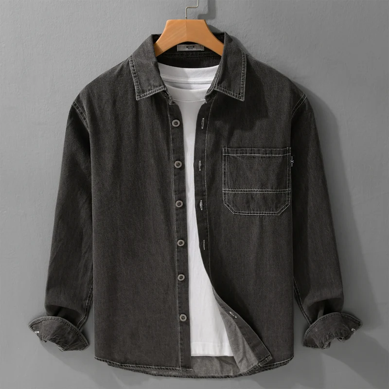 Herren Gewaschenes Denim-Overshirt im Workwear-Look mit Kontrastnähten Drune