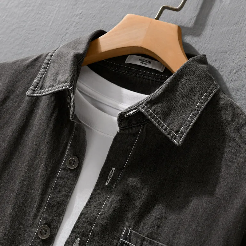 Herren Gewaschenes Denim-Overshirt im Workwear-Look mit Kontrastnähten Drune