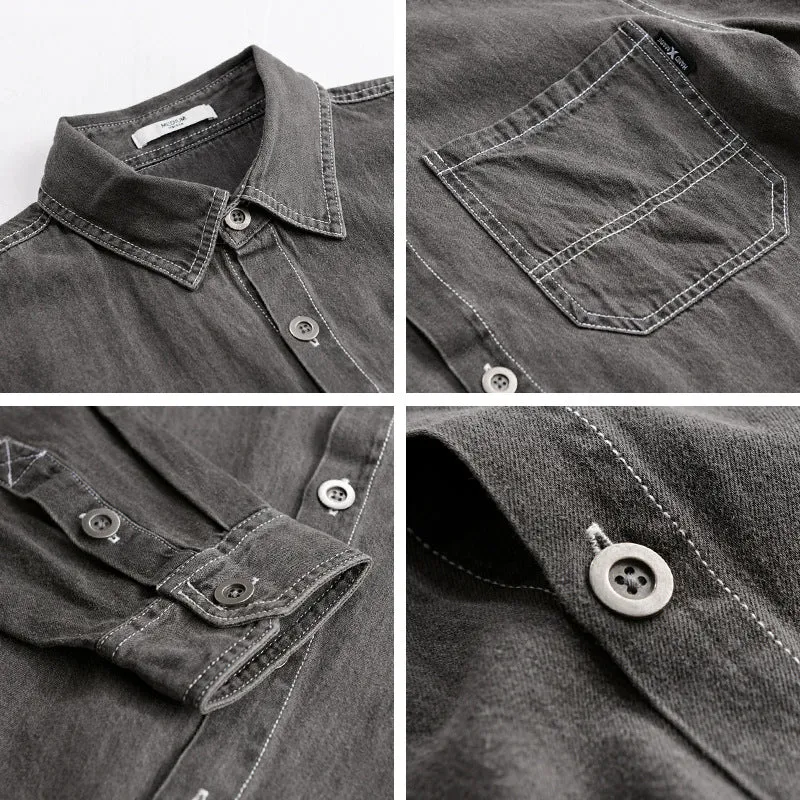 Herren Gewaschenes Denim-Overshirt im Workwear-Look mit Kontrastnähten Drune
