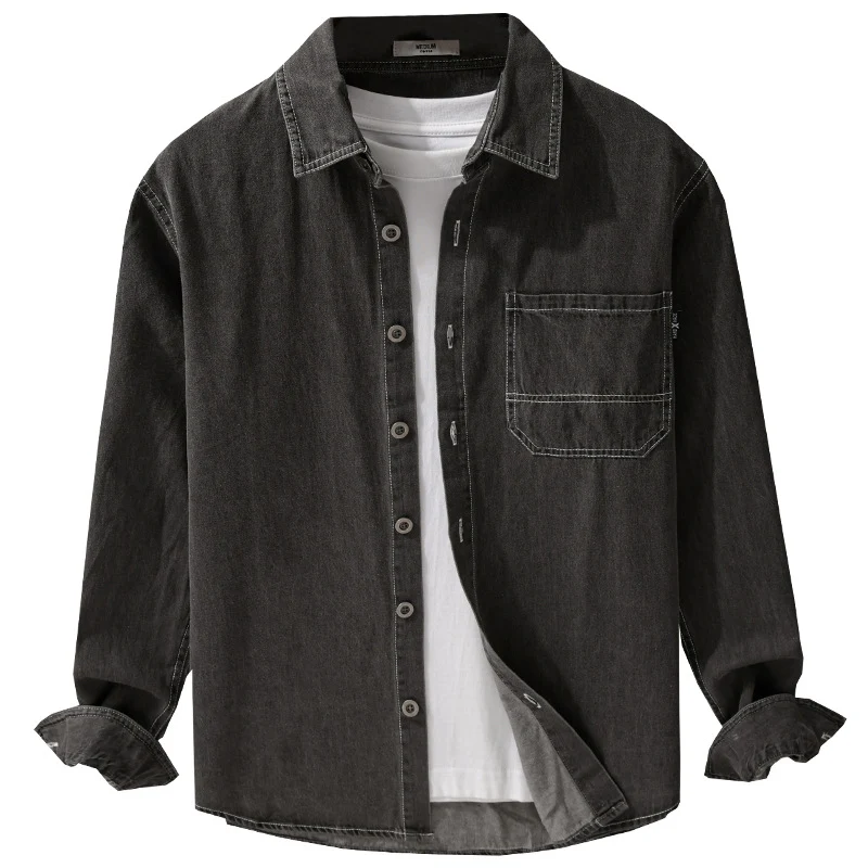 Herren Gewaschenes Denim-Overshirt im Workwear-Look mit Kontrastnähten Drune