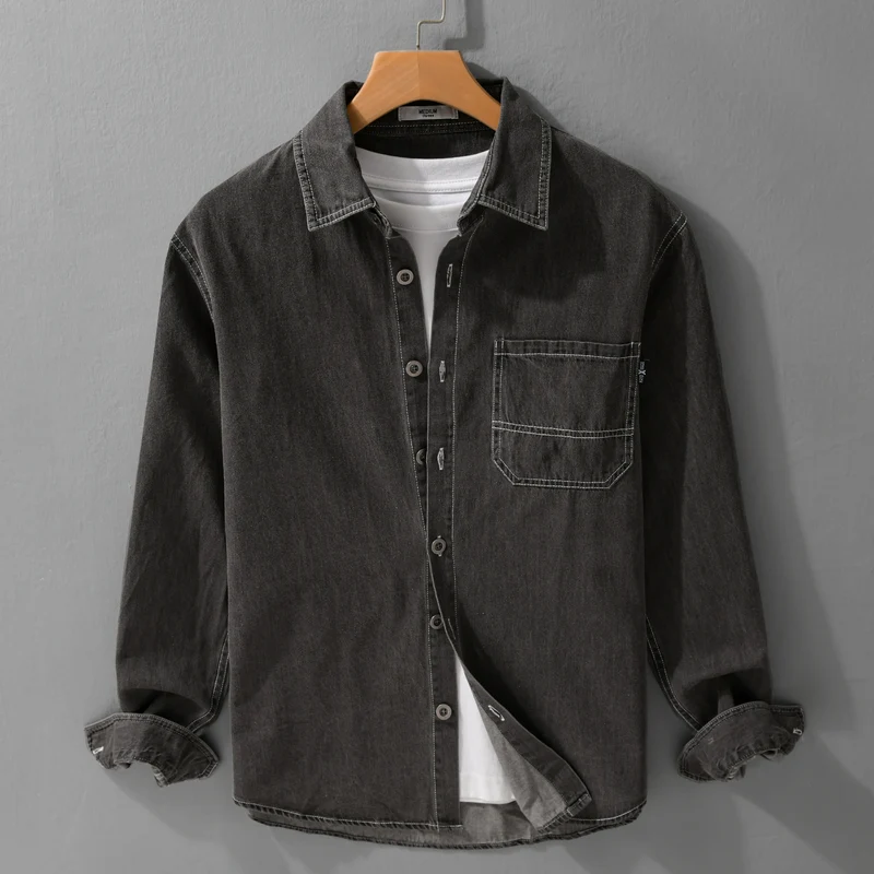 Herren Gewaschenes Denim-Overshirt im Workwear-Look mit Kontrastnähten Drune