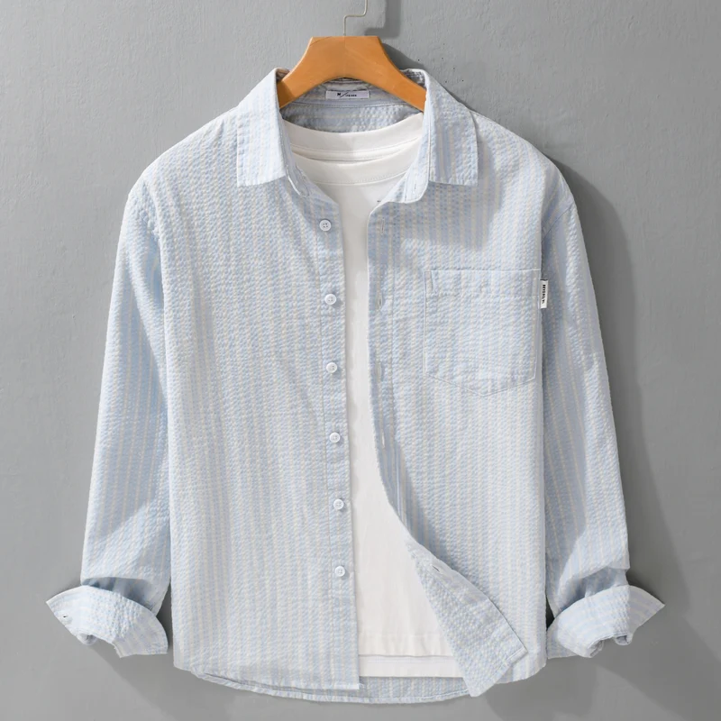 Herren Gestreiftes Relaxed-Overshirt aus strukturiertem Baumwollmix mit Brusttasche Drune