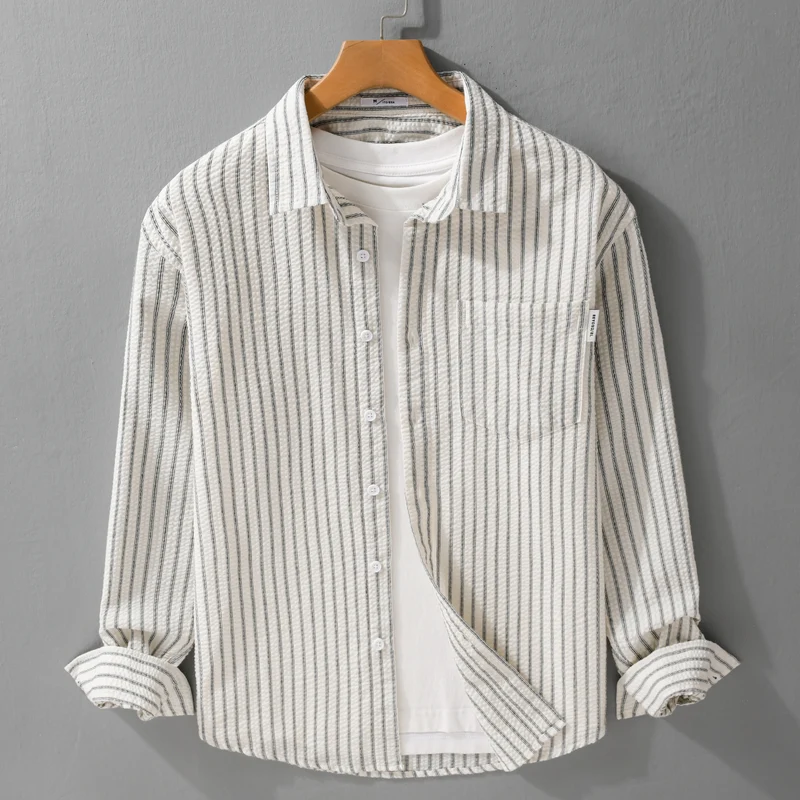 Herren Gestreiftes Relaxed-Overshirt aus strukturiertem Baumwollmix mit Brusttasche Drune