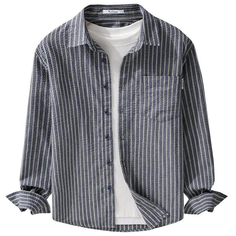 Herren Gestreiftes Relaxed-Overshirt aus strukturiertem Baumwollmix mit Brusttasche Drune