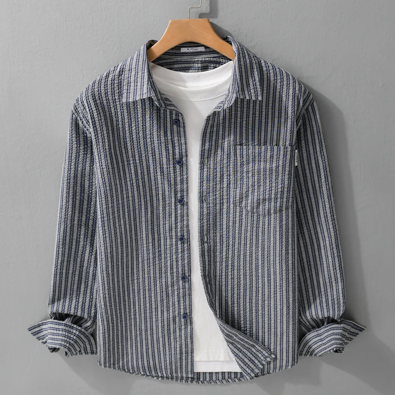 Herren Gestreiftes Relaxed-Overshirt aus strukturiertem Baumwollmix mit Brusttasche Drune
