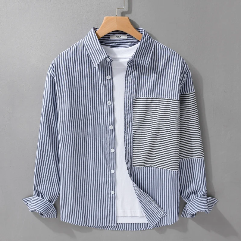 Herren Gestreiftes Patchwork-Hemd mit Brustpatch und Relaxed-Fit Drune