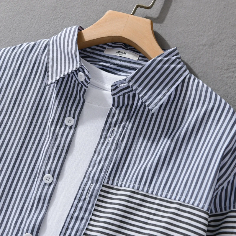 Herren Gestreiftes Patchwork-Hemd mit Brustpatch und Relaxed-Fit Drune