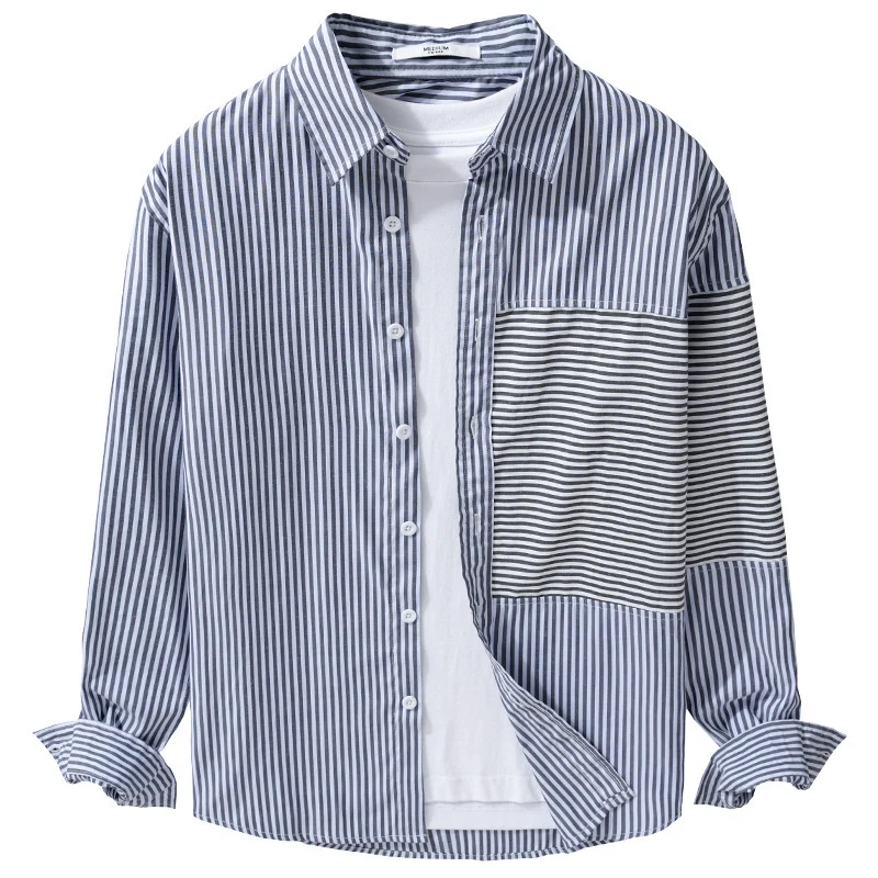 Herren Gestreiftes Patchwork-Hemd mit Brustpatch und Relaxed-Fit Drune