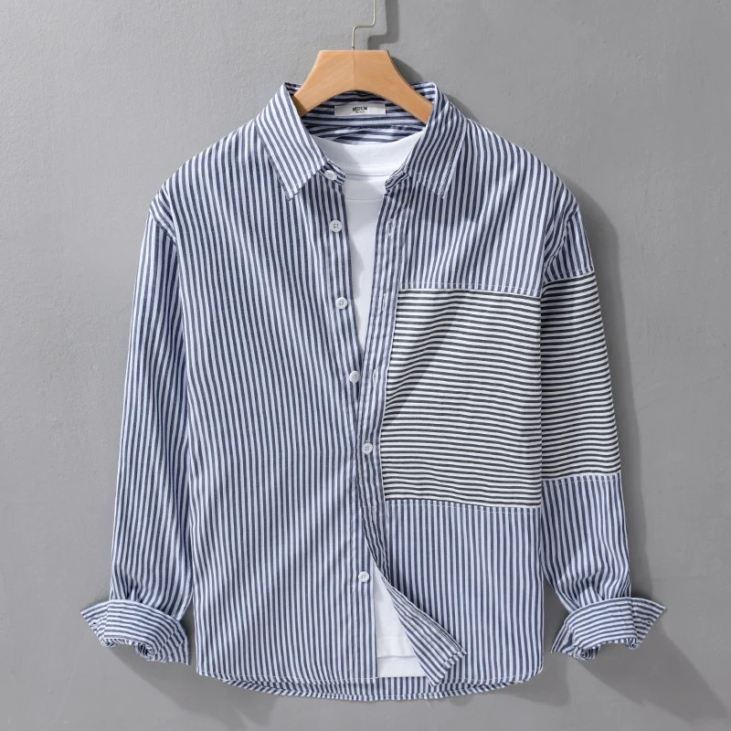 Herren Gestreiftes Patchwork-Hemd mit Brustpatch und Relaxed-Fit Drune