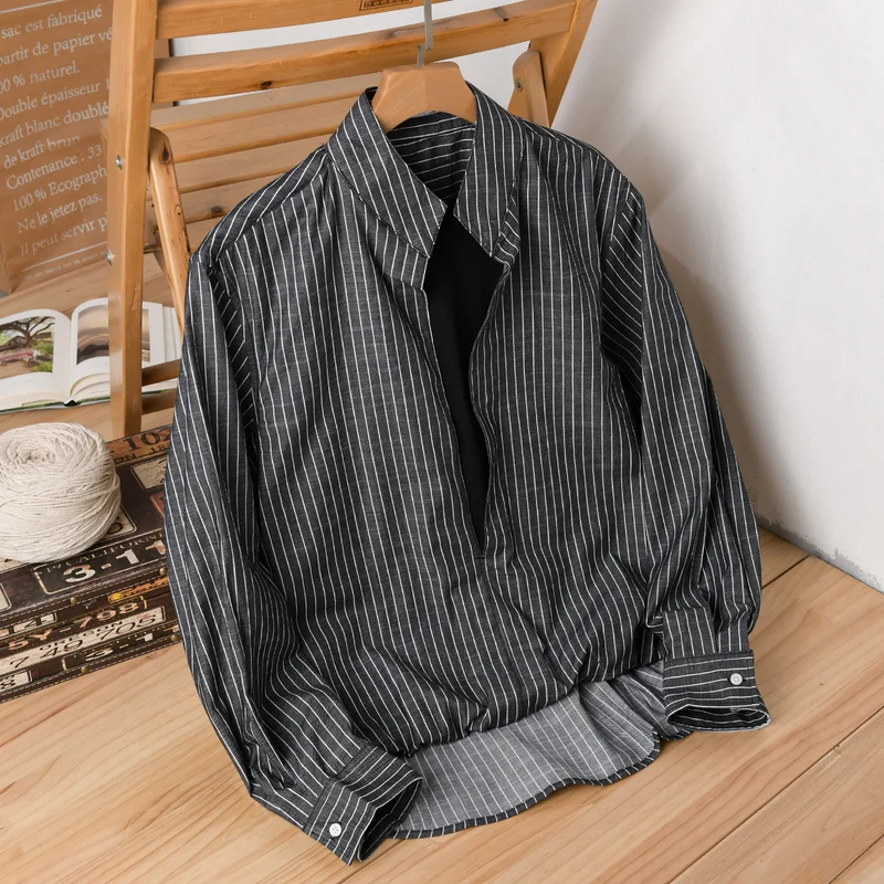 Herren Gestreiftes Oversize-Hemd mit Kentkragen und verdeckter Knopfleiste Drune
