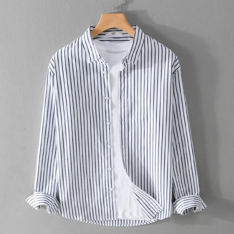 Herren Gestreiftes Oversize-Hemd aus leichter Baumwollmischung mit Kentkragen Drune