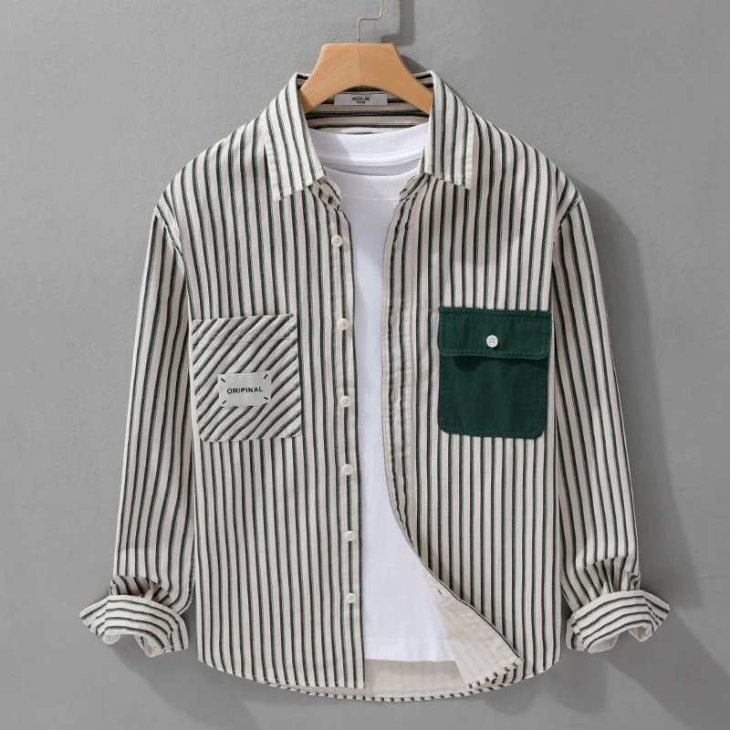 Herren Gestreiftes Overshirt mit Kontrast-Brusttaschen und Kentkragen aus Baumwollmix Drune
