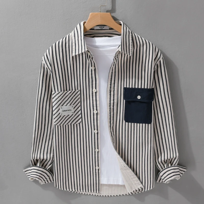 Herren Gestreiftes Overshirt mit Kontrast-Brusttaschen und Kentkragen aus Baumwollmix Drune