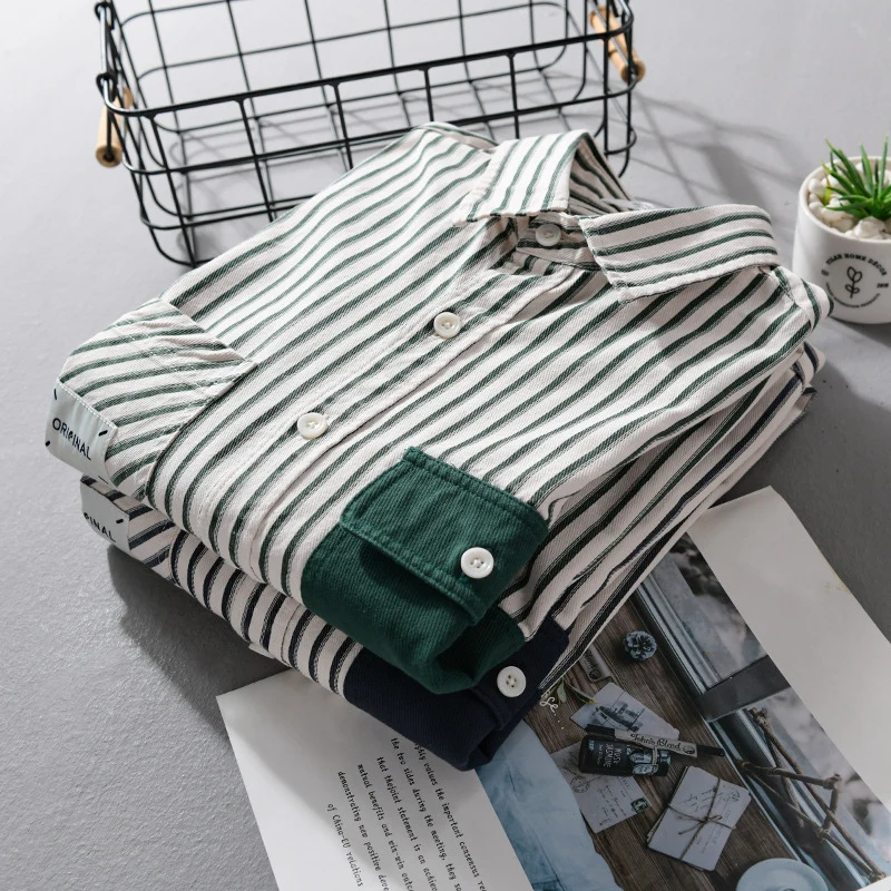 Herren Gestreiftes Overshirt mit Kontrast-Brusttaschen und Kentkragen aus Baumwollmix Drune
