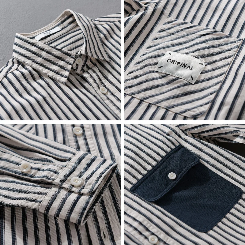 Herren Gestreiftes Overshirt mit Kontrast-Brusttaschen und Kentkragen aus Baumwollmix Drune