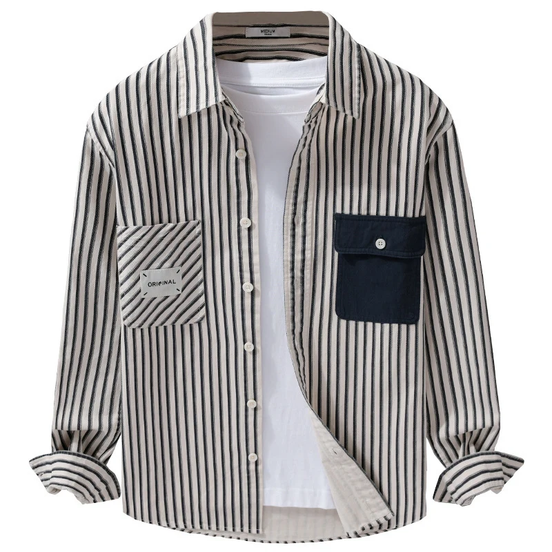 Herren Gestreiftes Overshirt mit Kontrast-Brusttaschen und Kentkragen aus Baumwollmix Drune