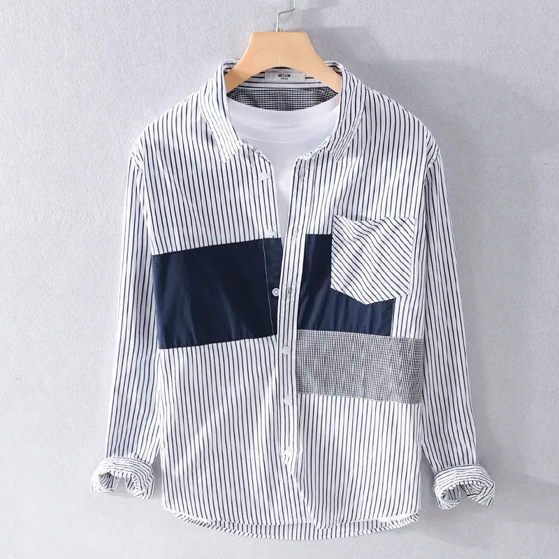 Herren Gestreiftes Overshirt mit Farbblock‑Einsätzen und aufgesetzter Brusttasche Drune