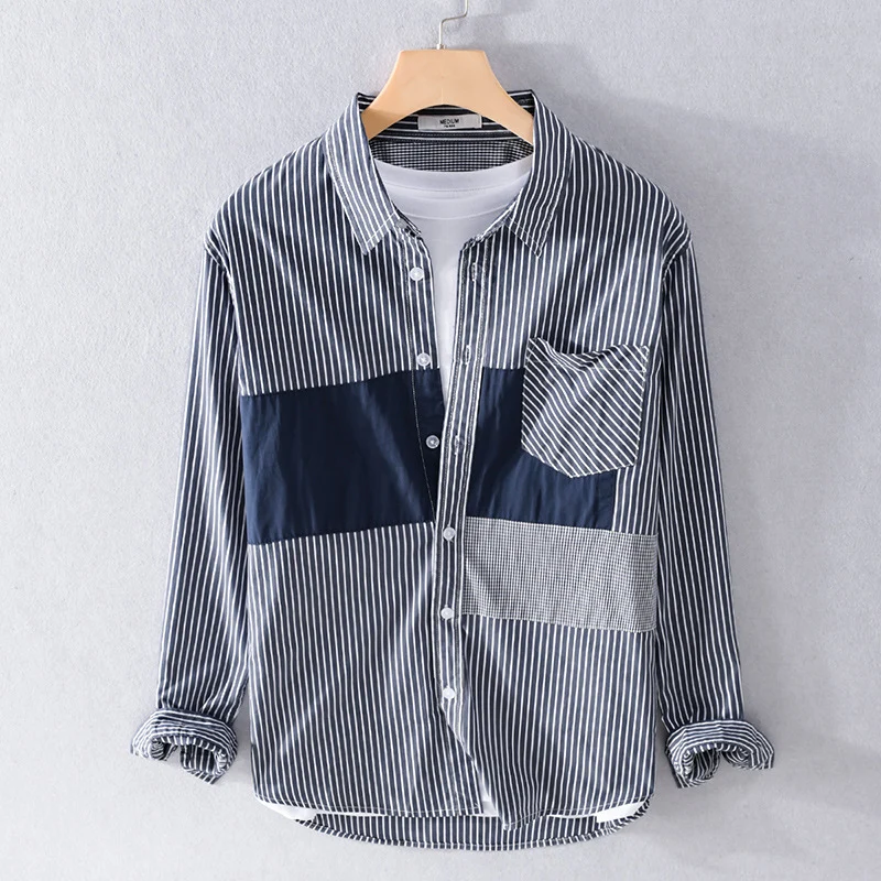 Herren Gestreiftes Overshirt mit Farbblock‑Einsätzen und aufgesetzter Brusttasche Drune