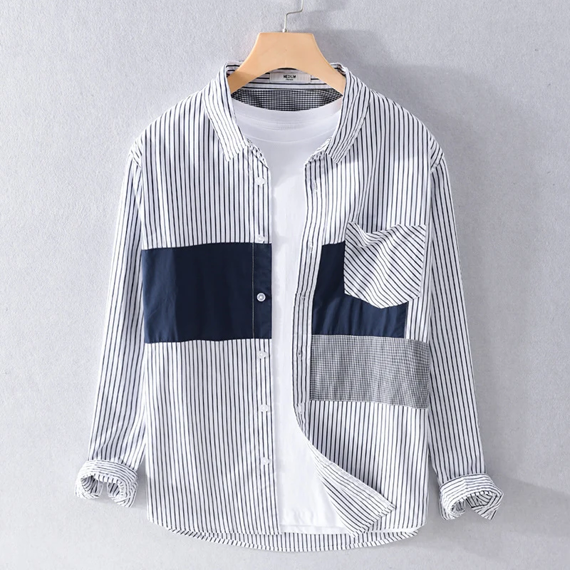 Herren Gestreiftes Overshirt mit Farbblock‑Einsätzen und aufgesetzter Brusttasche Drune