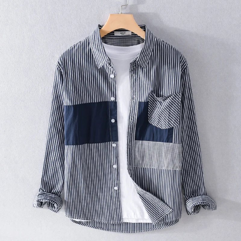 Herren Gestreiftes Overshirt mit Farbblock‑Einsätzen und aufgesetzter Brusttasche Drune